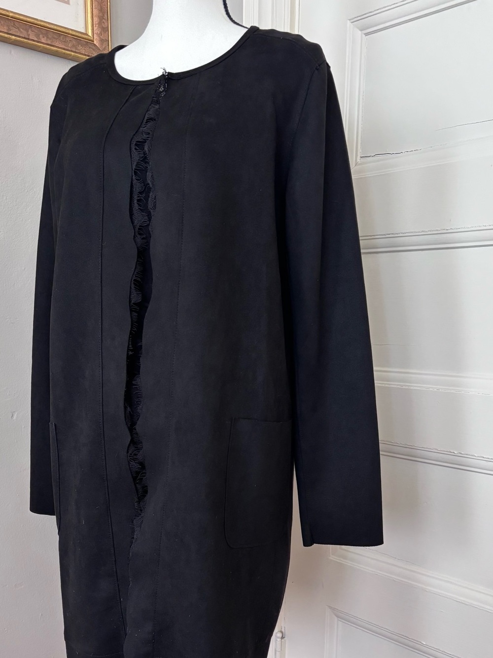 Joan Vass Black Open-Front Blazer with Fringe Trim - Size L - Picture 4 of 11